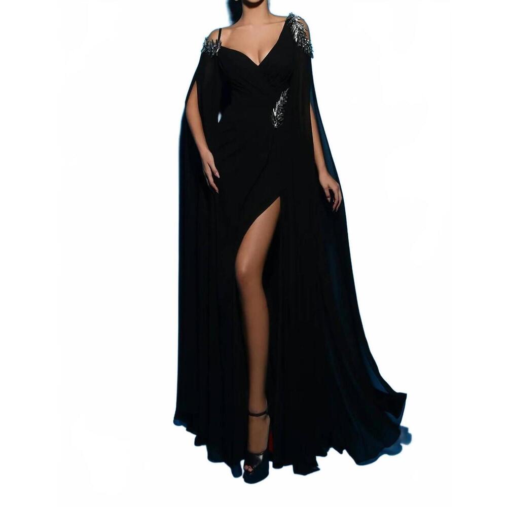 NEW TARIK EDIZ v-neck a-line long dress in black